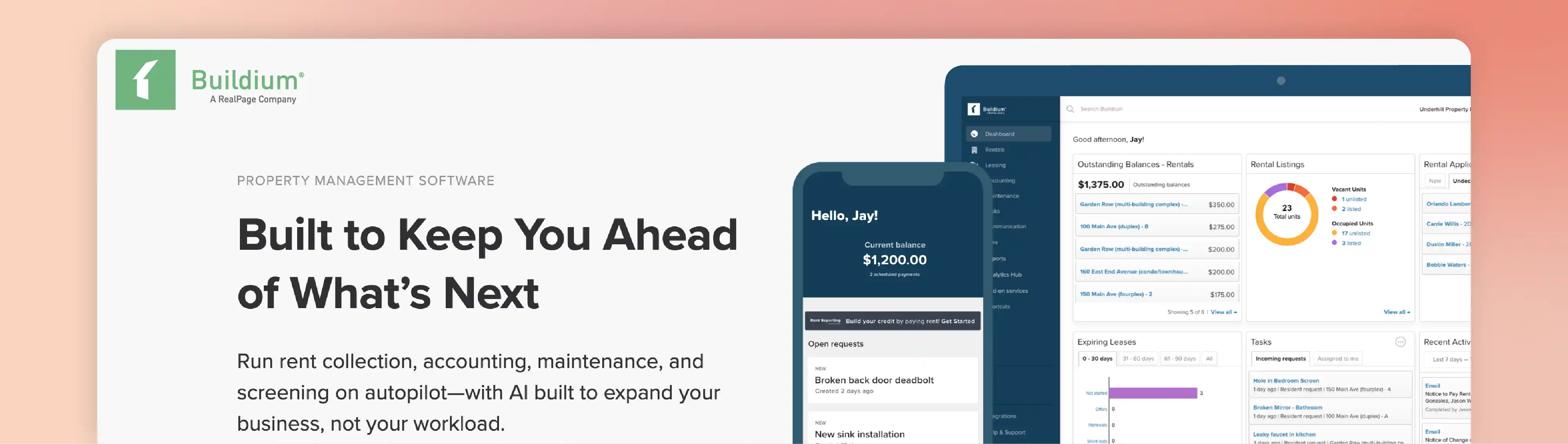 Buildium HOA management software dashboard for accounting, maintenance, and property operations.