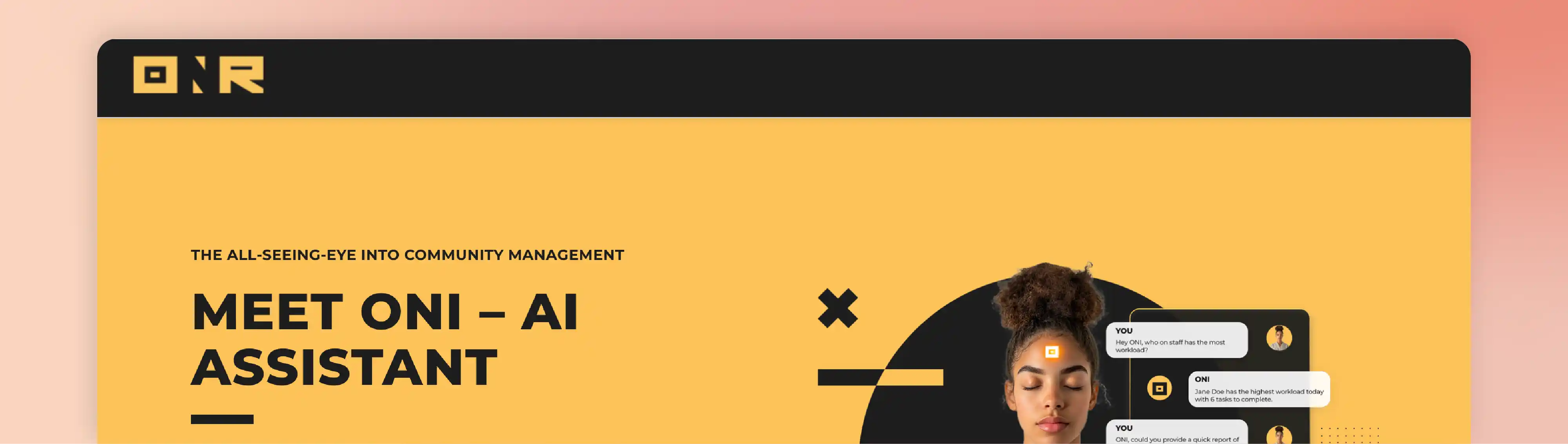 ONR HOA management software visual promoting AI assistant tools for community management.