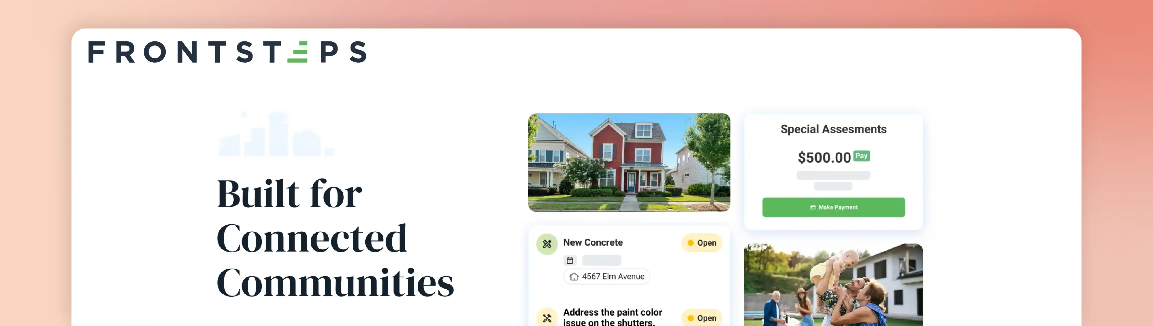 FrontSteps HOA management software homepage for connected communities, assessments, and service requests.