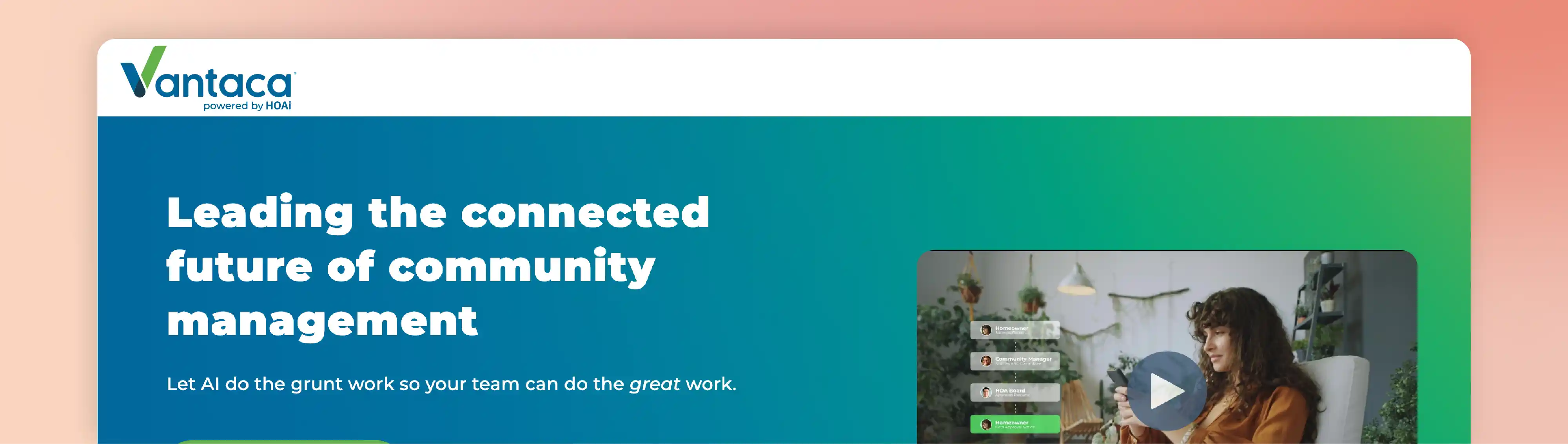 Vantaca HOA management software homepage highlighting AI-powered community management.