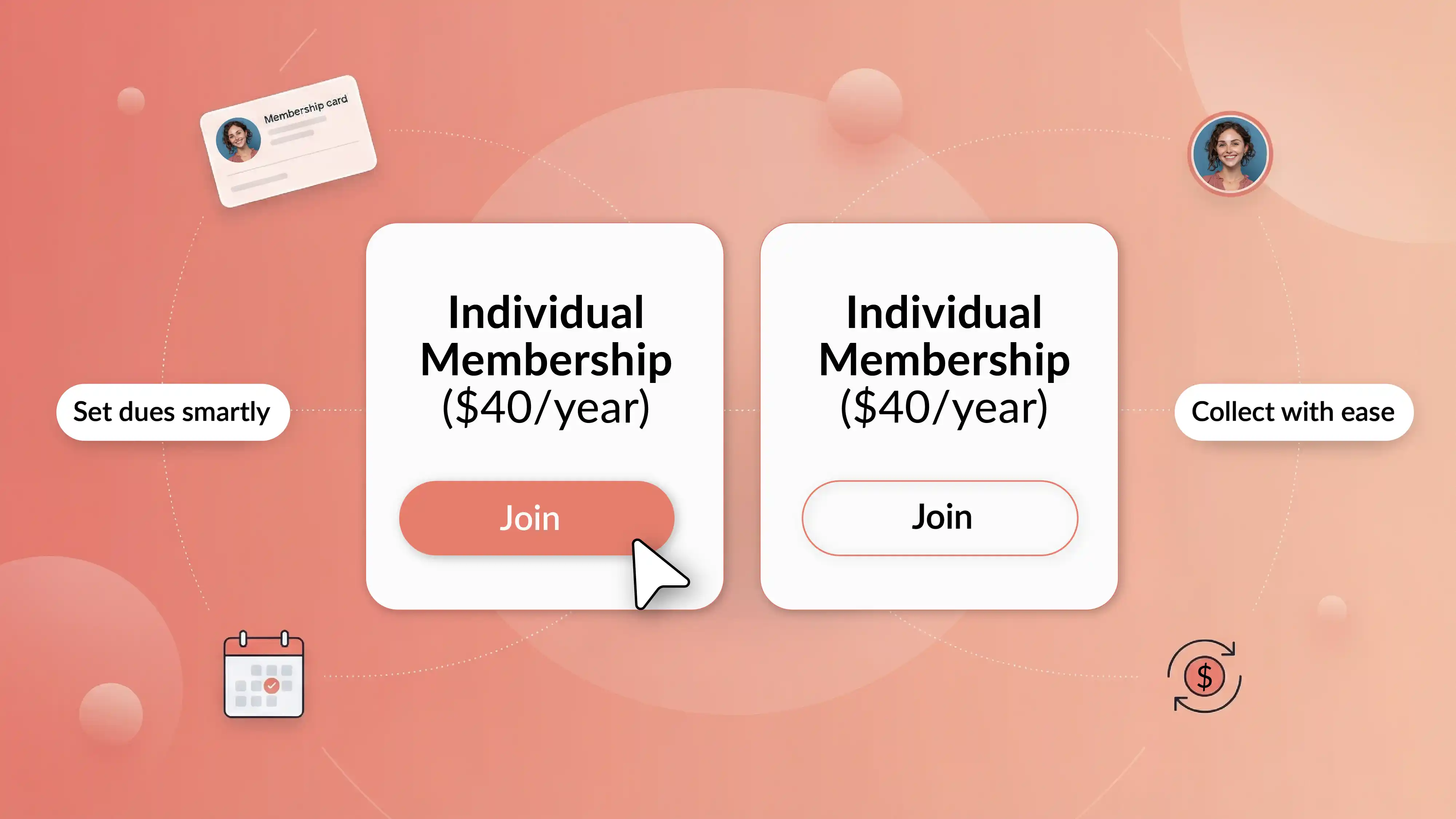 Membership dues pricing example showing individual membership options, annual cost, and easy online join buttons.