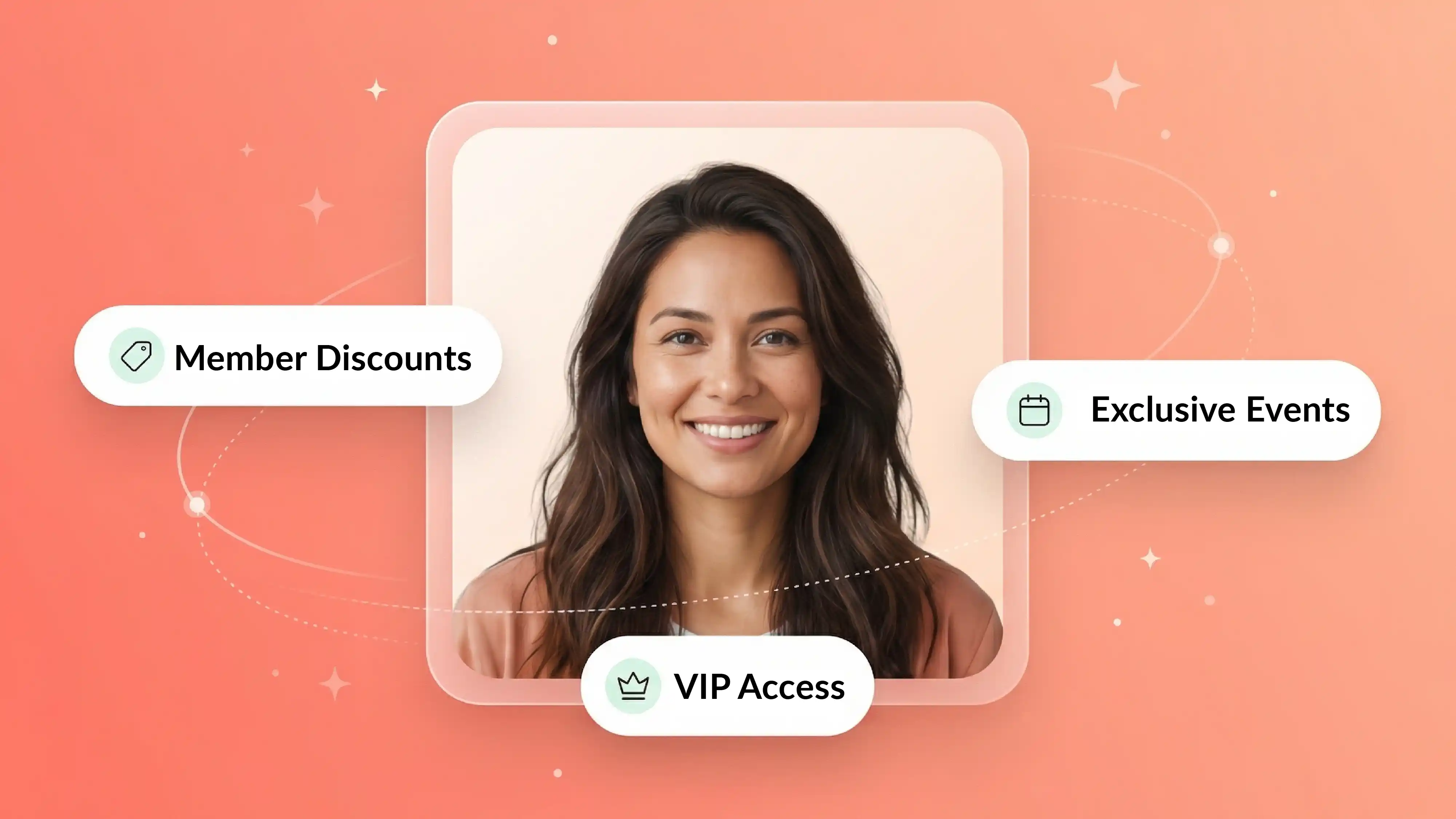 Membership perks illustration showing VIP access, exclusive events, and member discounts.