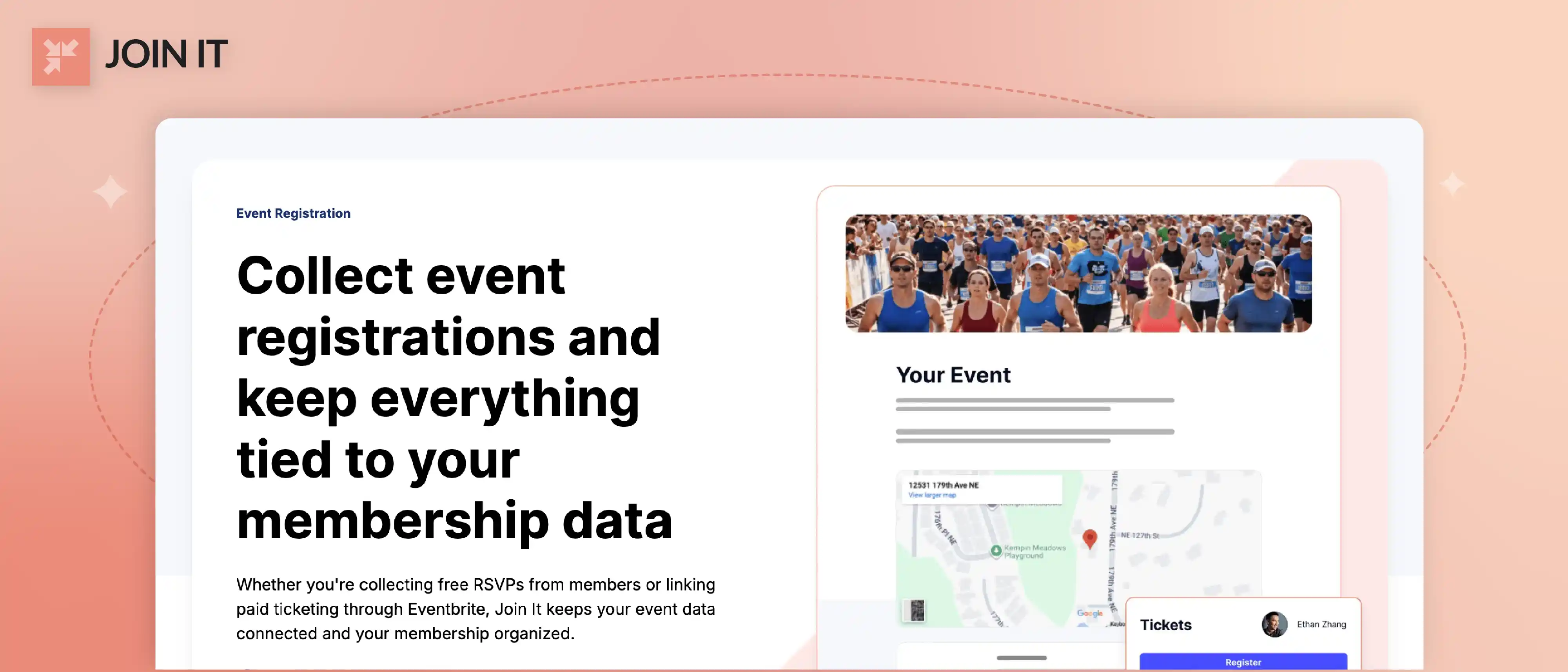 Join It nonprofit ticketing software for event registration tied to membership data.