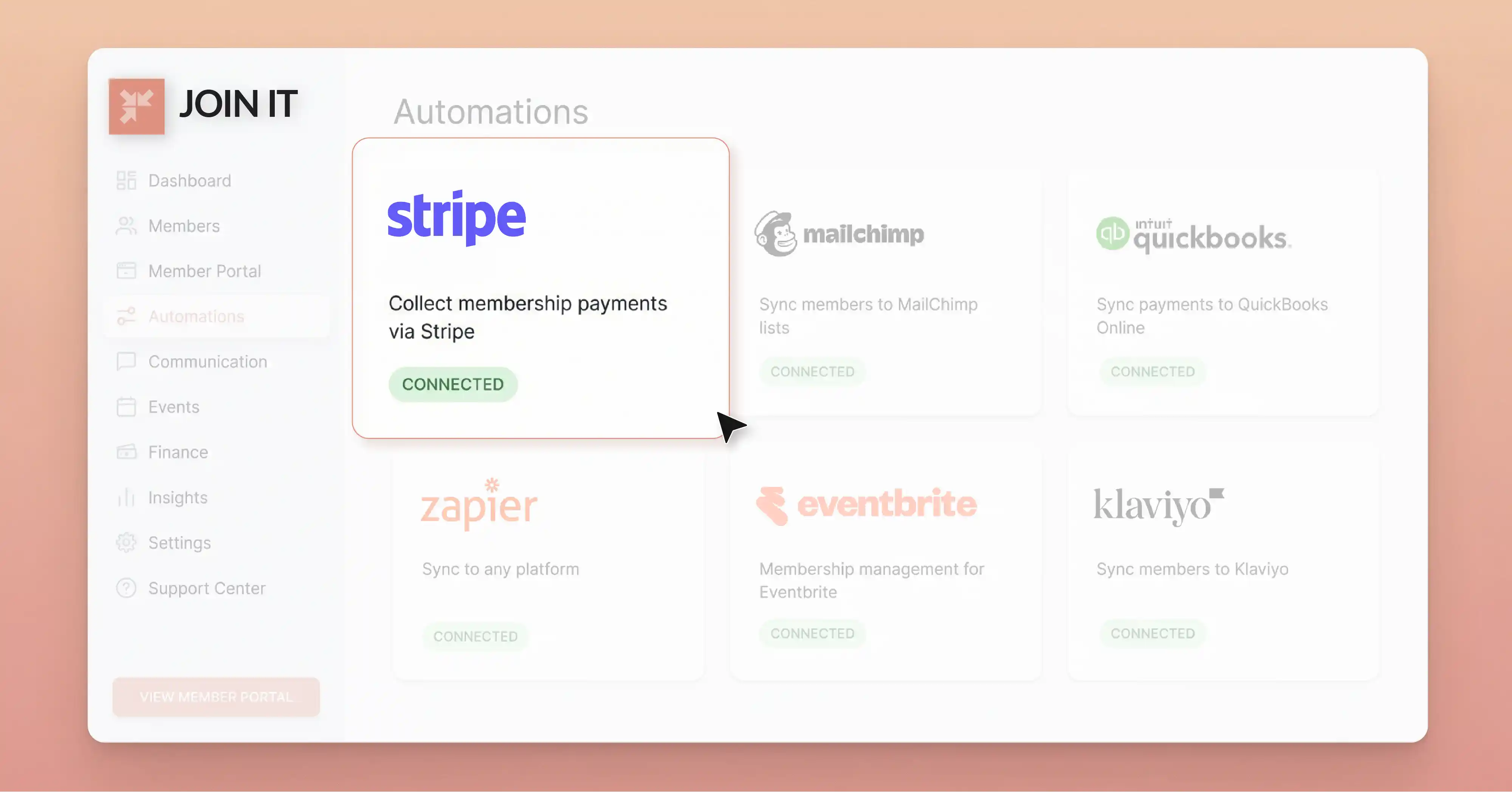 Join It membership management with Stripe for collecting membership payments automatically.