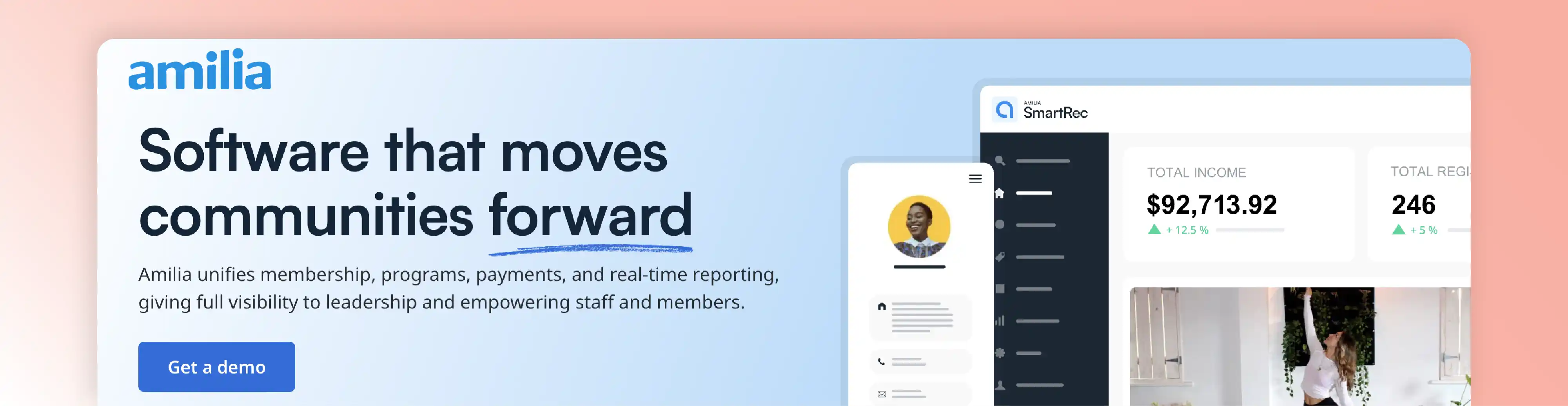 Amilia tennis club management software for memberships, programs, payments, and reports.