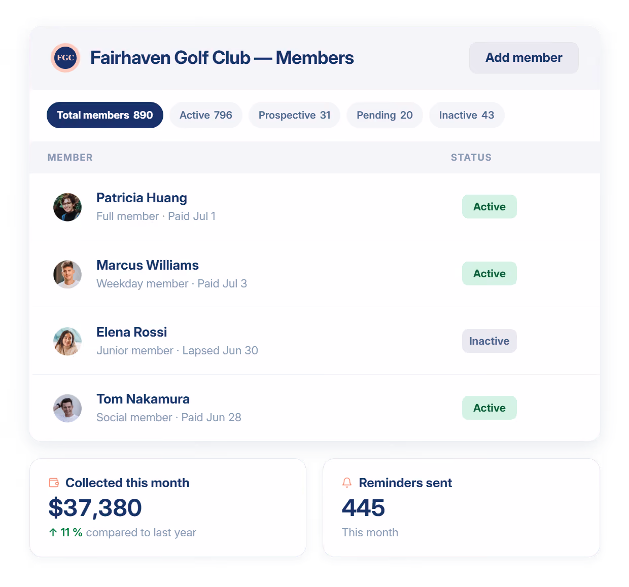 Join It member list for a golf club showing categories, households and payment status