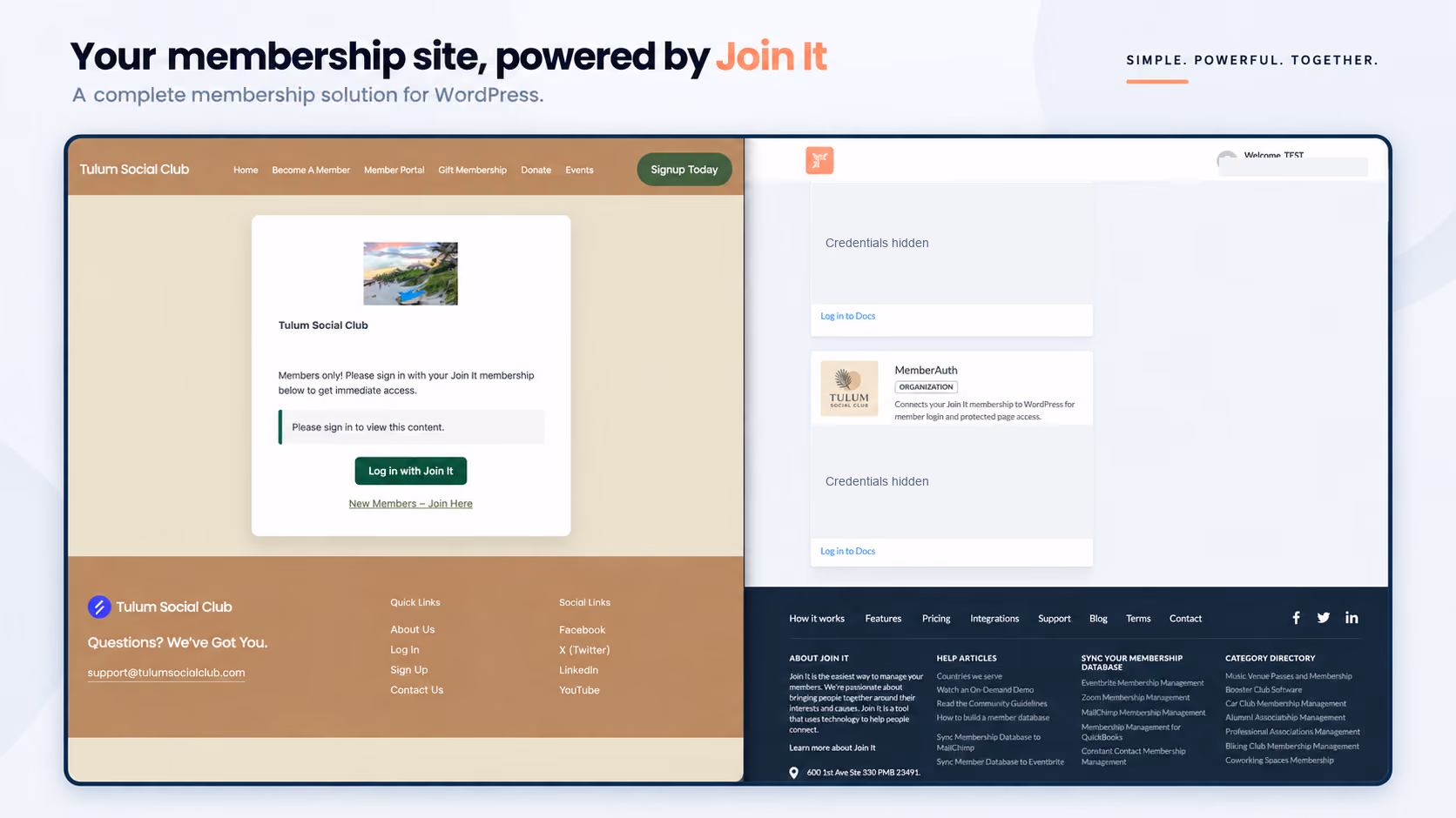 WordPress members-only page with a Log in with Join It button.