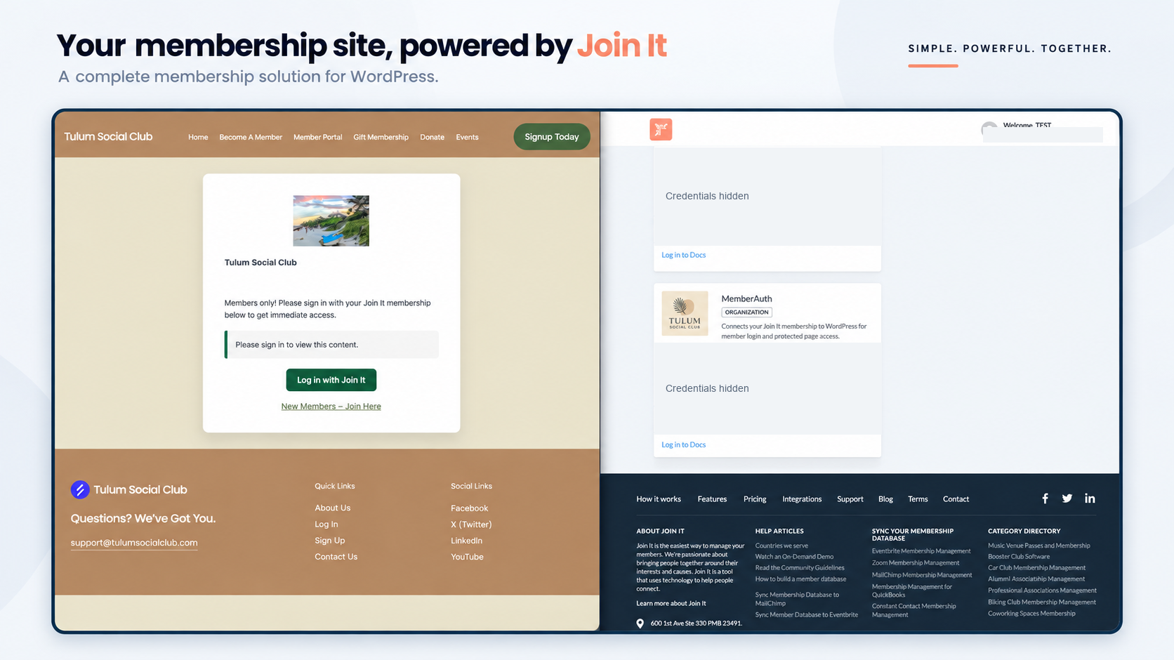 WordPress members-only page with a Log in with Join It button.