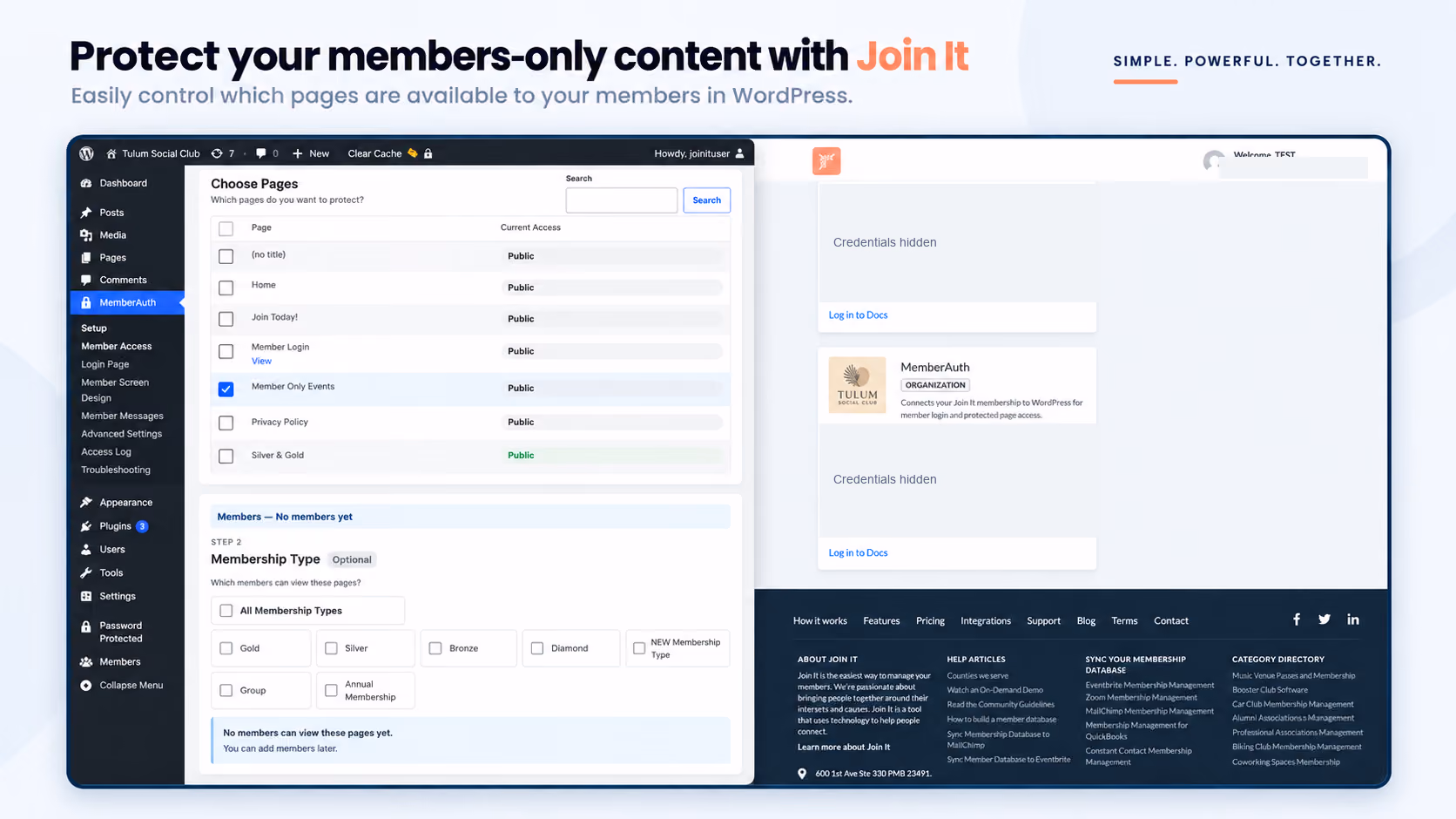 WordPress page selection screen with Member Only Events selected for configuring membership access.