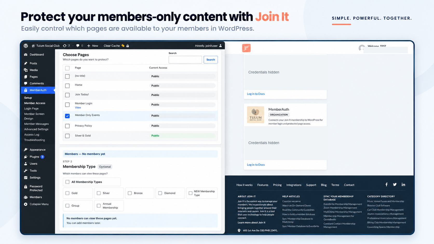 WordPress page selection screen with Member Only Events selected for configuring membership access.