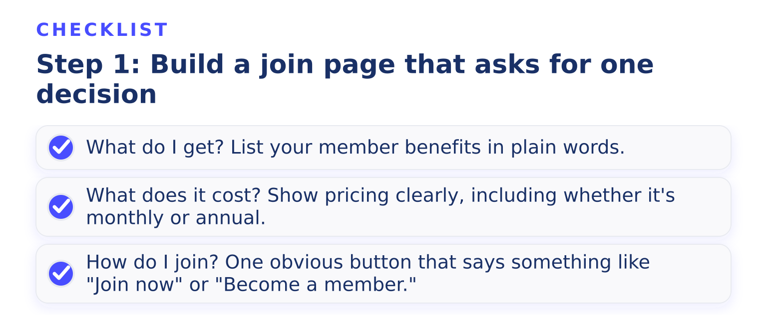 Checklist: Step 1: Build a join page that asks for one decision (3 items)