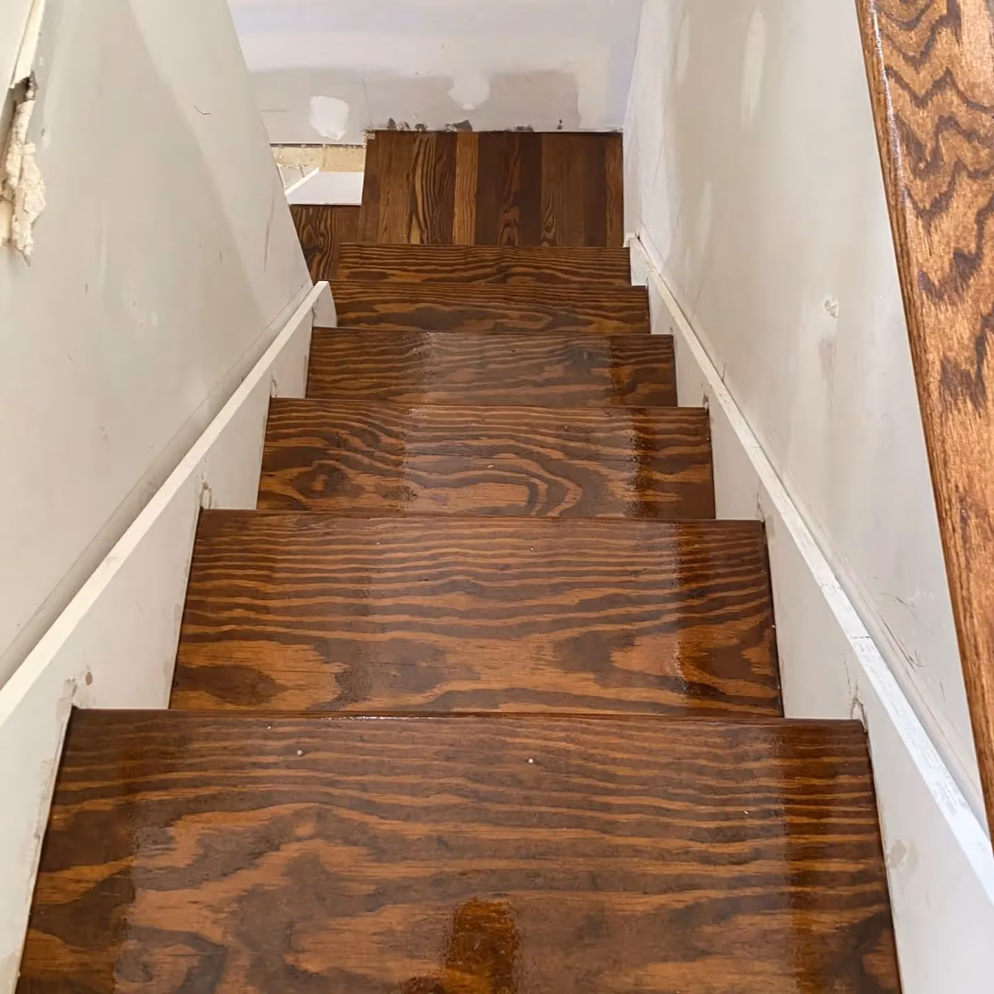 View down a narrow staircase with newly stained dark hardwood steps and white side walls showing minor damage.
