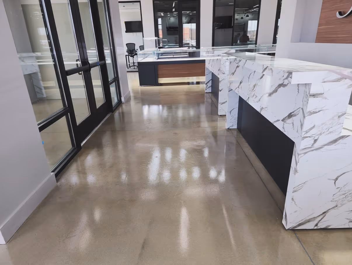 Polished concrete floor in a modern office reception area in Buford, GA