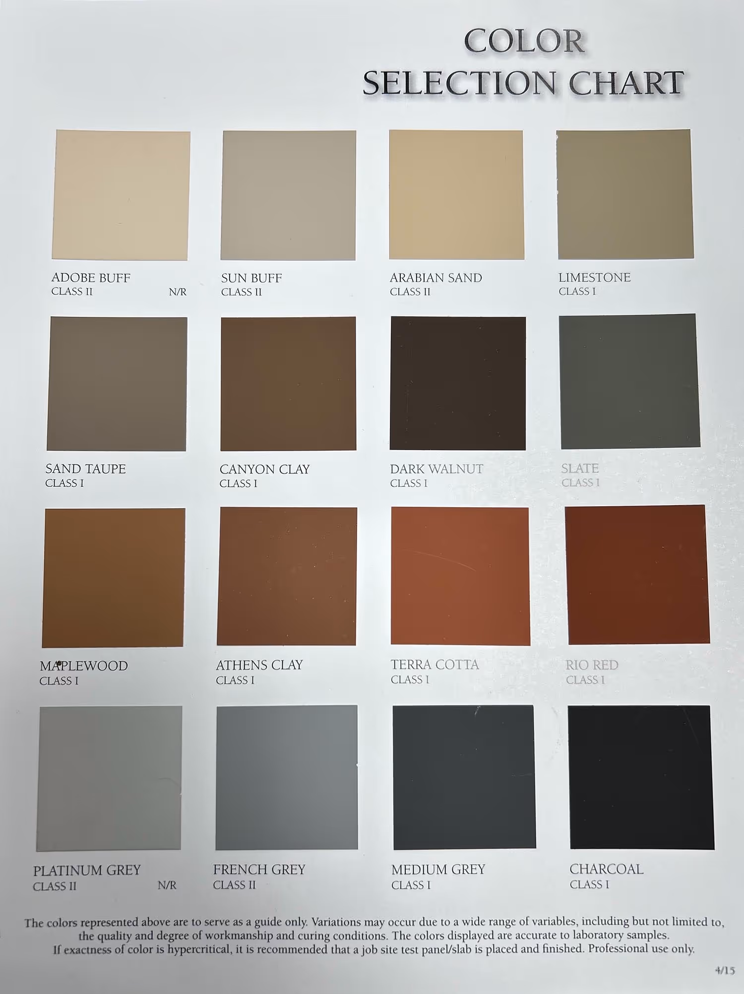 Color selection chart displaying 16 color swatches arranged in a 4x4 grid with names and class ratings, including Adobe Buff, Sun Buff, Arabian Sand, Limestone, Sand Taupe, Canyon Clay, Dark Walnut, Slate, Maplewood, Athens Clay, Terra Cotta, Rio Red, Platinum Grey, French Grey, Medium Grey, and Charcoal.