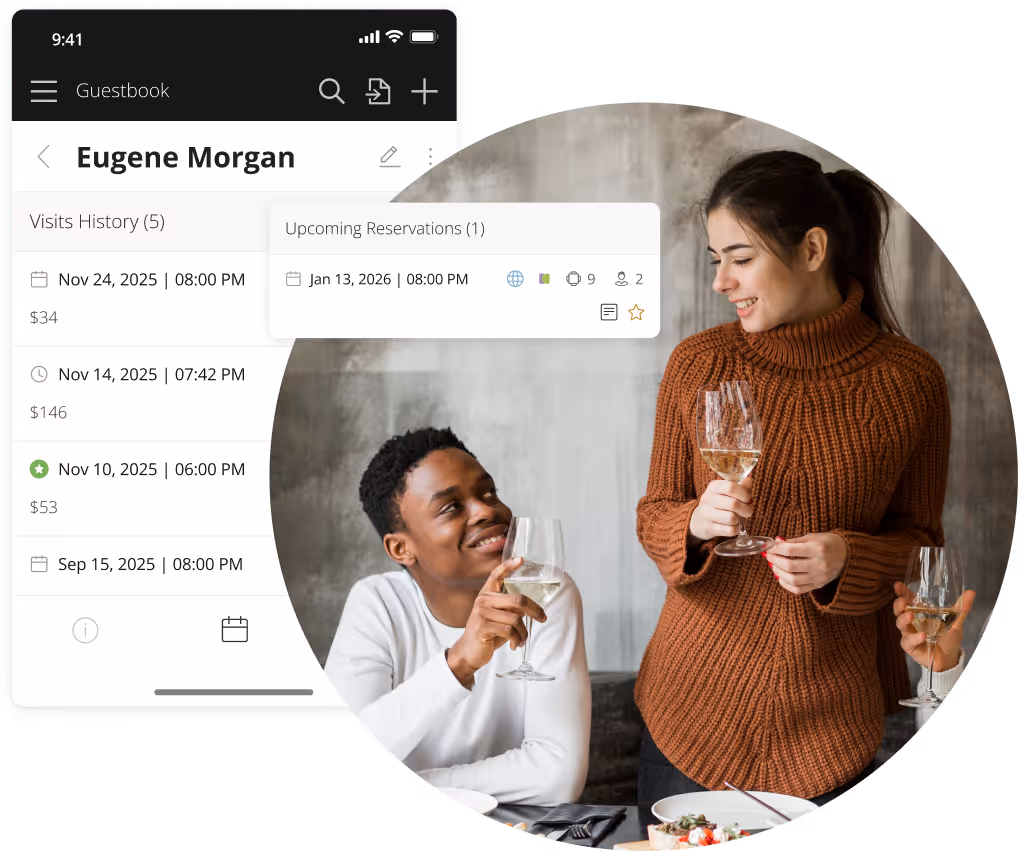 Hostme guest profile interface showing visit history, preferences, and personalized communication options.