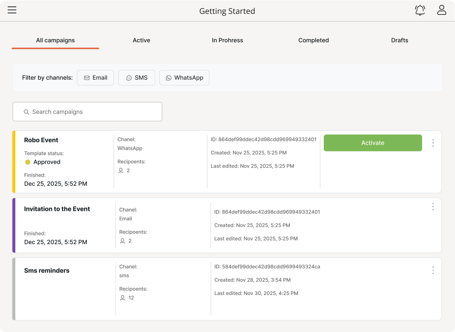 Hostme Marketing Campaigns dashboard showing SMS, email, and WhatsApp outreach for restaurant promotions.