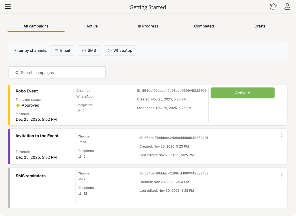 Hostme Marketing Campaigns dashboard showing SMS, email, and WhatsApp outreach for restaurant promotions.
