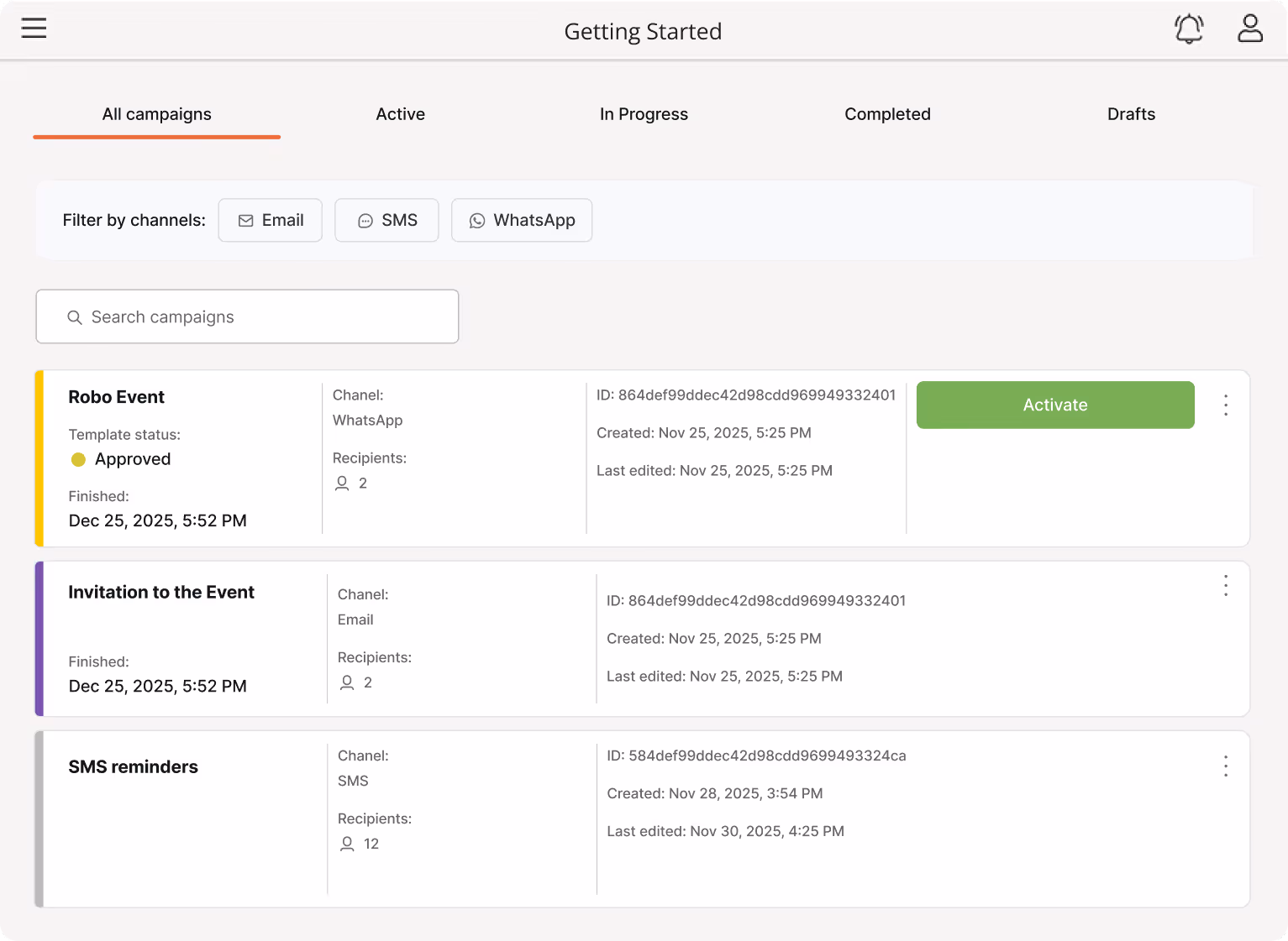 Hostme Marketing Campaigns dashboard showing SMS, email, and WhatsApp outreach for restaurant promotions.