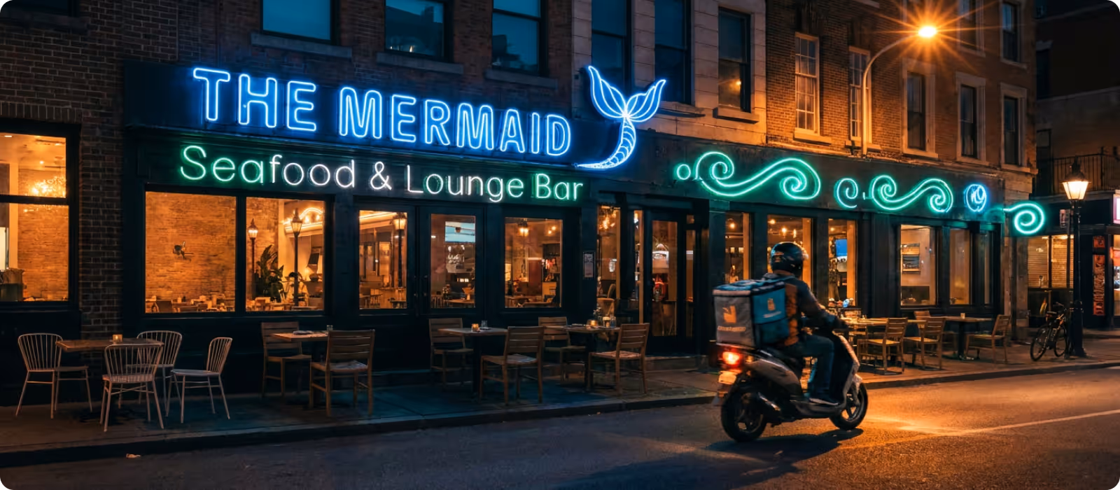 Empty seafood restaurant interior with a delivery person standing near the entrance, and a young woman walking past the deserted lounge bar outdoors