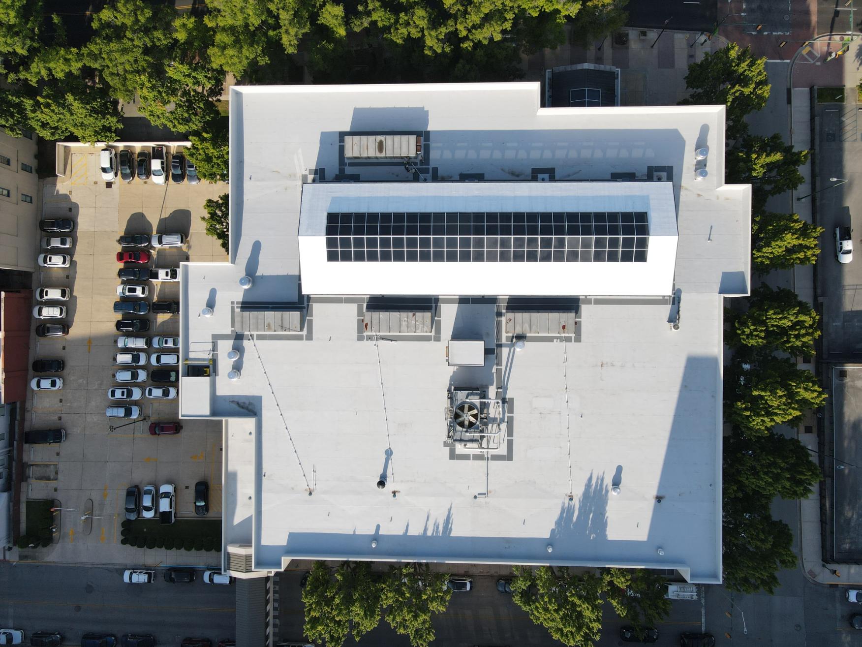 Wide drone view of Hamilton County Courthouse commercial roof project in downtown Tennessee