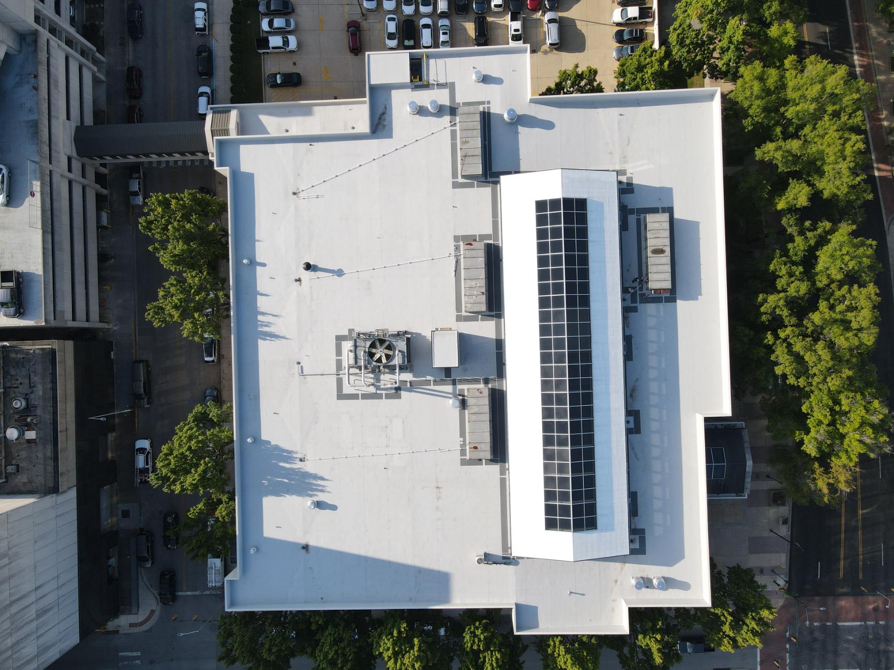Angled aerial image of completed courthouse roofing project in Hamilton County Tennessee