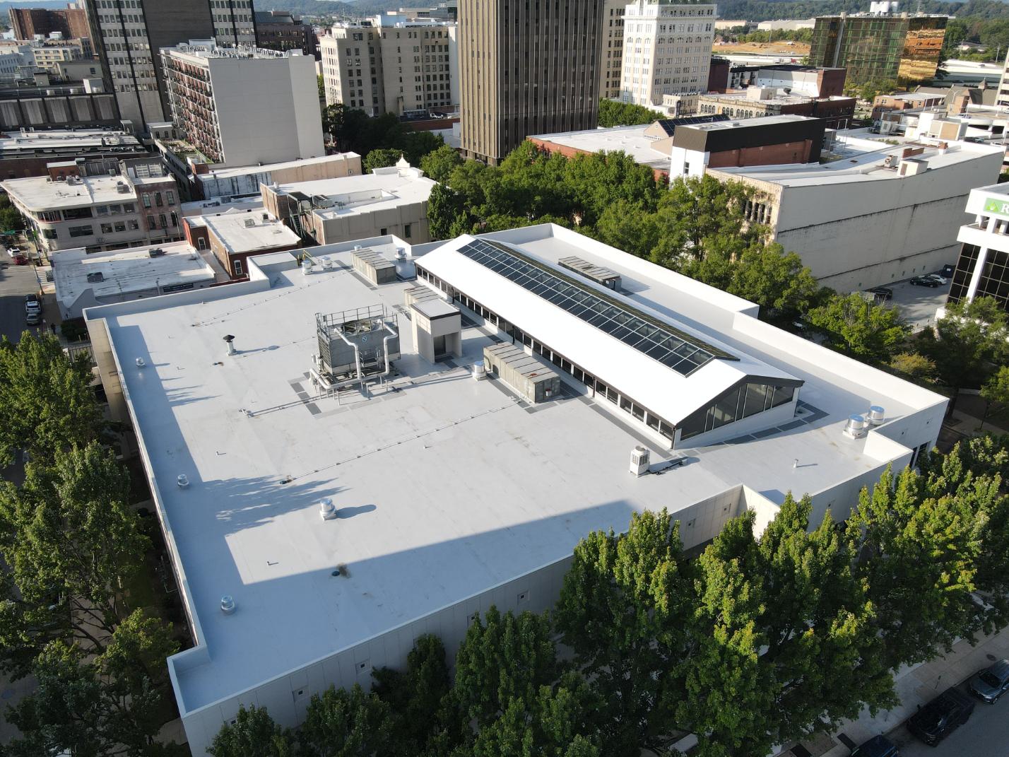 Aerial top-down view of Hamilton County Courthouse commercial roofing project in Tennessee