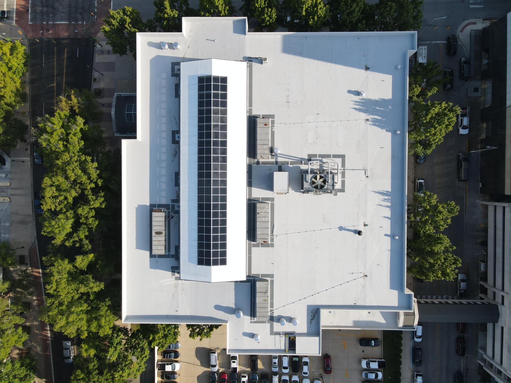 Elevated aerial view of Hamilton County Courthouse roofing system replacement in Tennessee