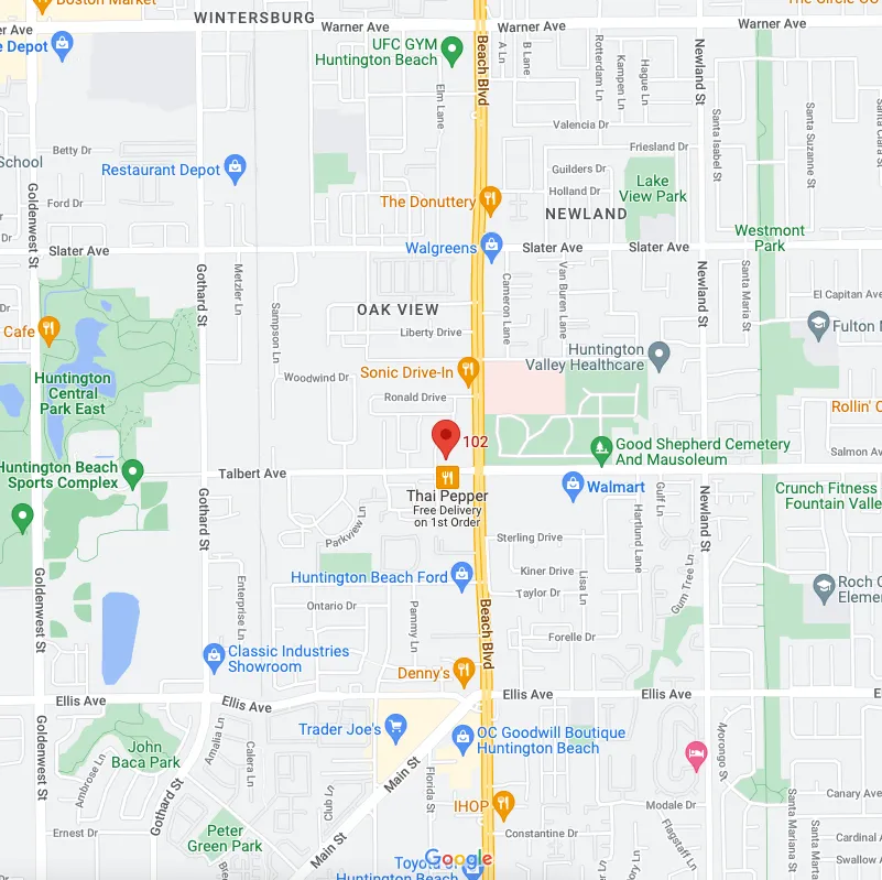 Map showing the Surf City Orthodontics office at 7891 Talbert Ave in Huntington Beach