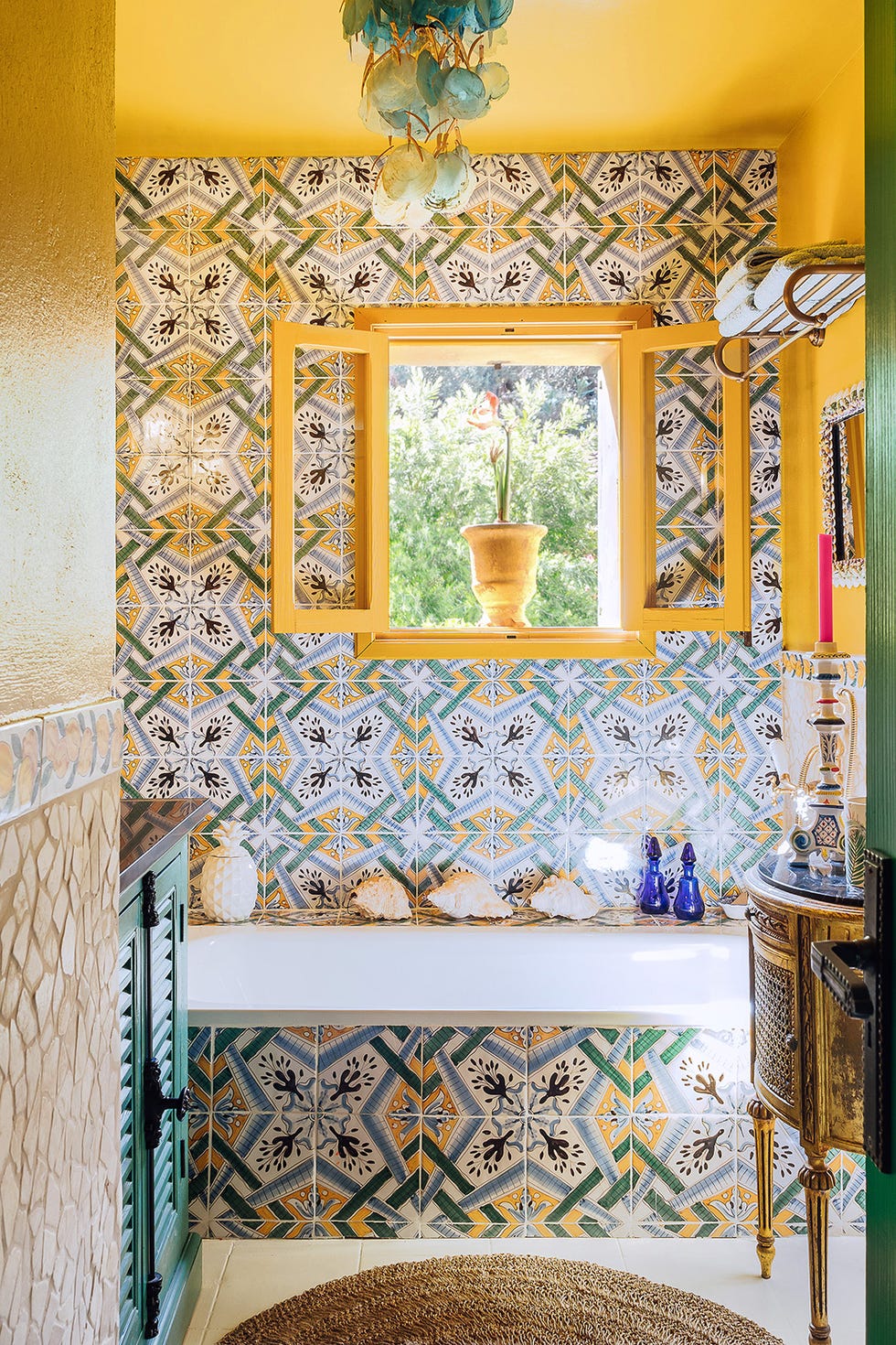 vibrant bathroom with decorative tiles and a yellow accent wall