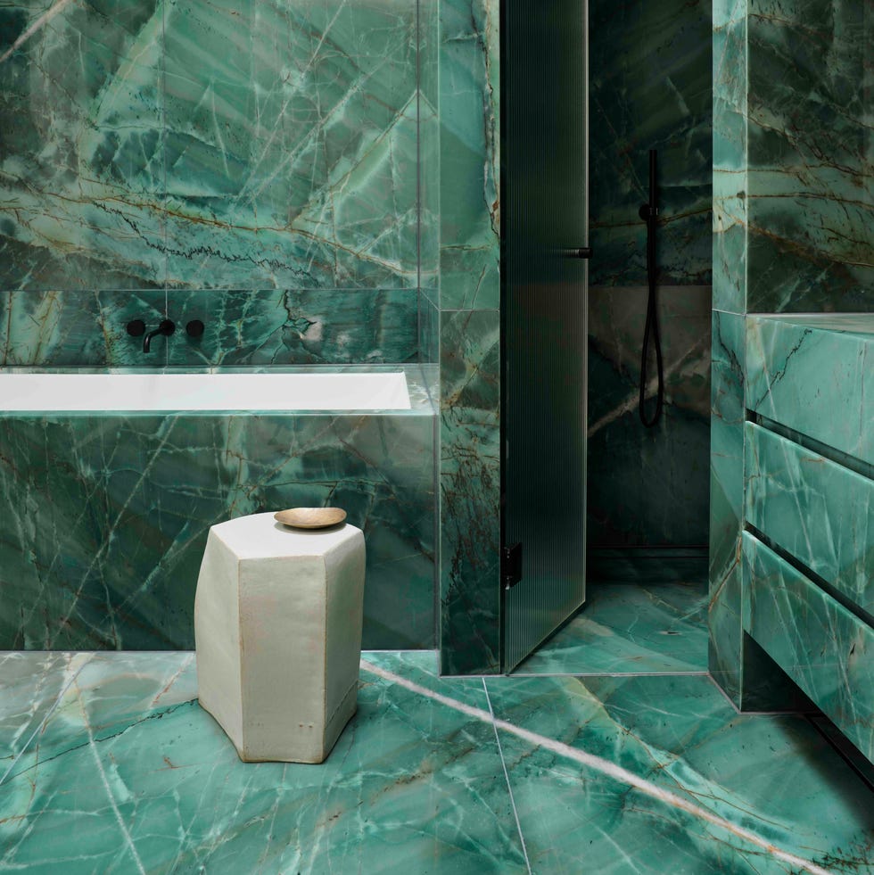 greg natale green marble builtin bath bathroom