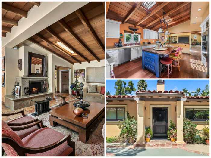 Before images show the dated kitchen, yellow facade and lighter ceiling color.