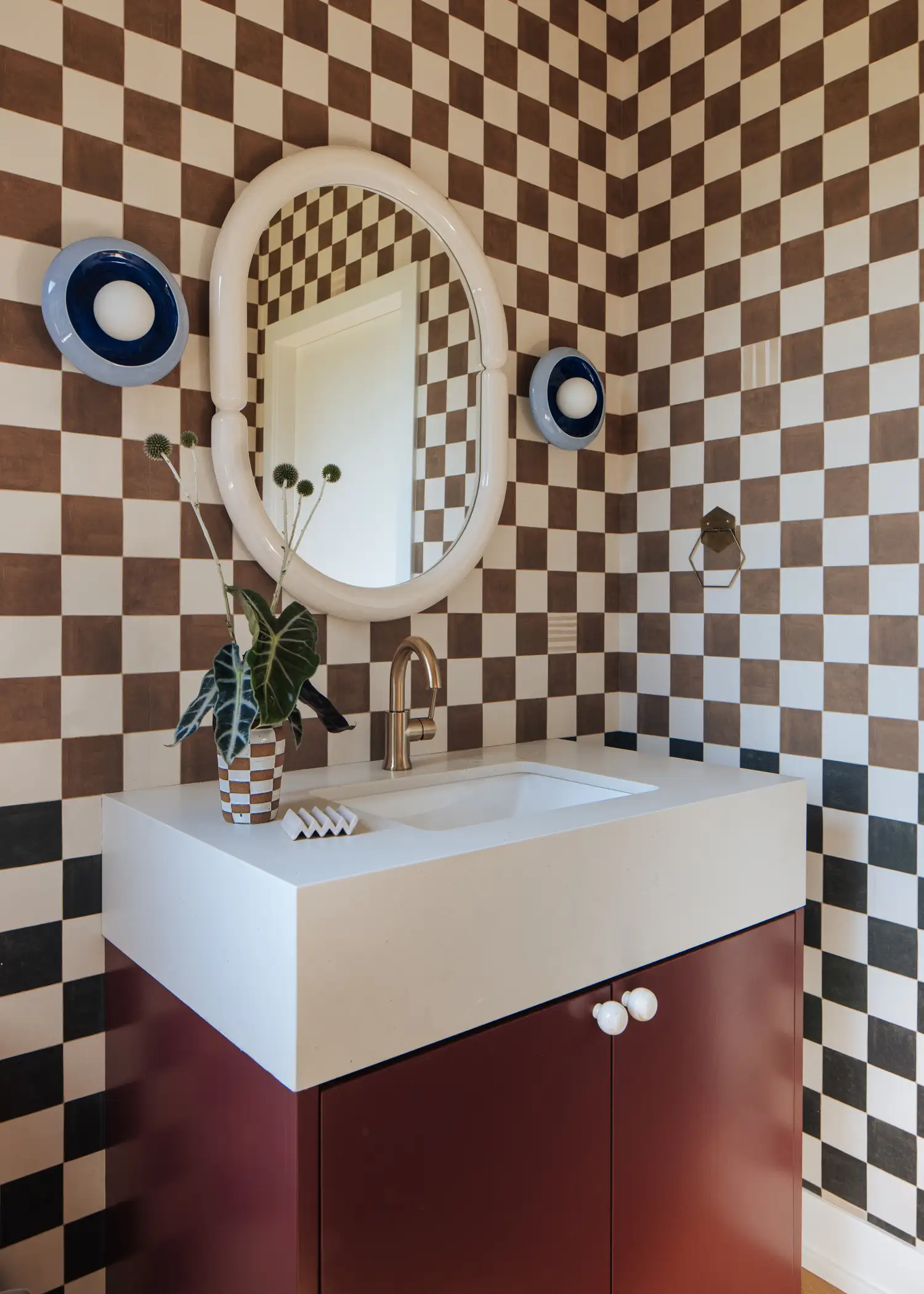 brown checkerboard bathroom wall