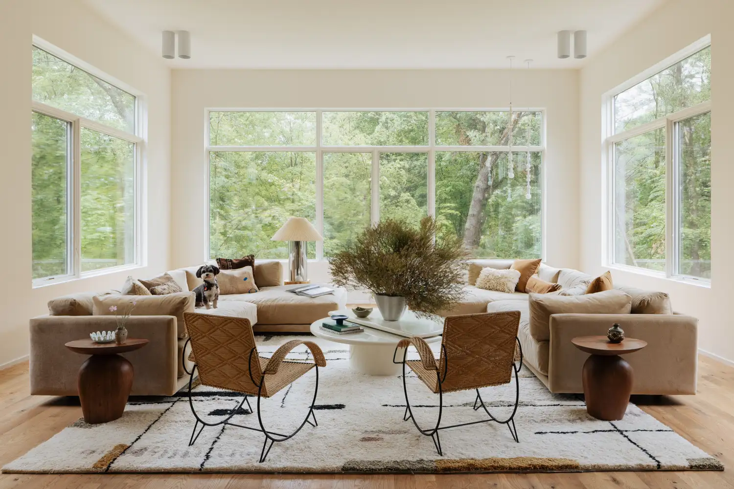 white living room with brown furniture 