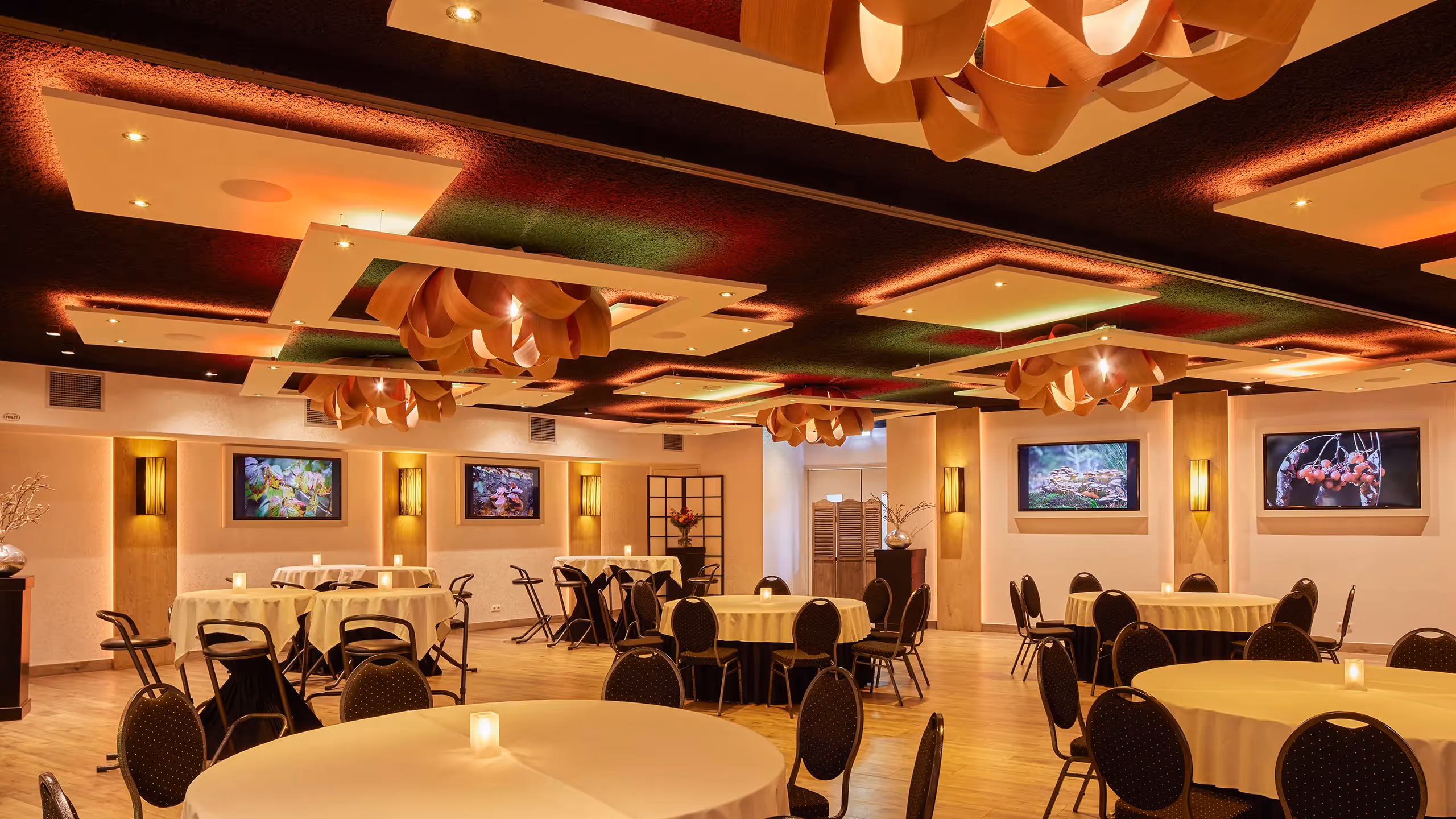 Evenementenzaal met in verschillende kleuren instelbare ledstrips.