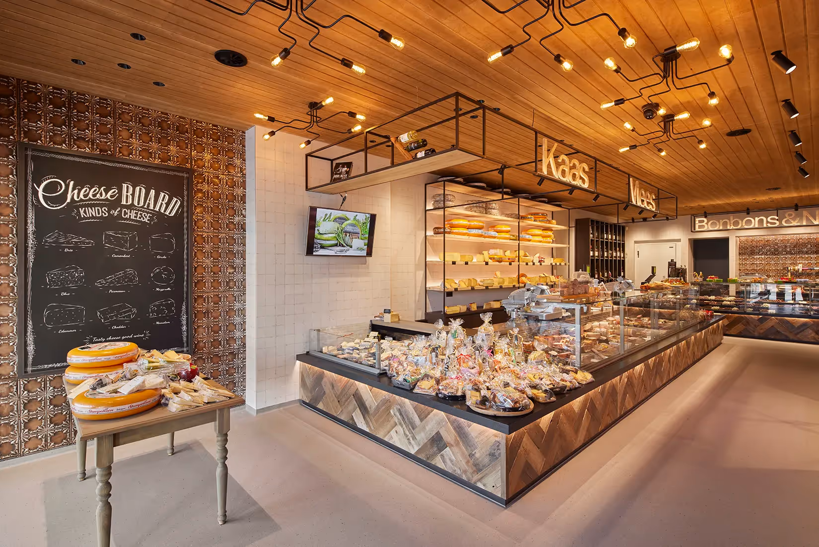 Lichtplan voor kaaswinkel: basisverlichting, richtspots en lichtlijnen.