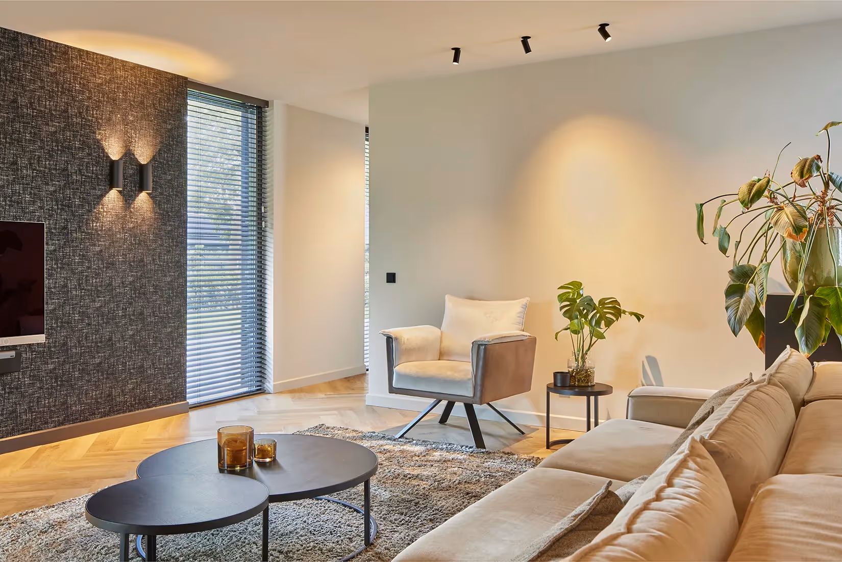 Woonkamer met intime sfeer, gecreëerd door richtspots.