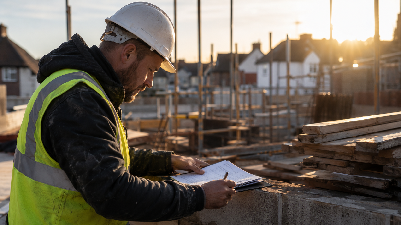 Construction site manager completing inspection paperwork at a new residential development during sunrise, wearing high-visibility safety clothing and hard hat, with scaffolding and building materials in the background.