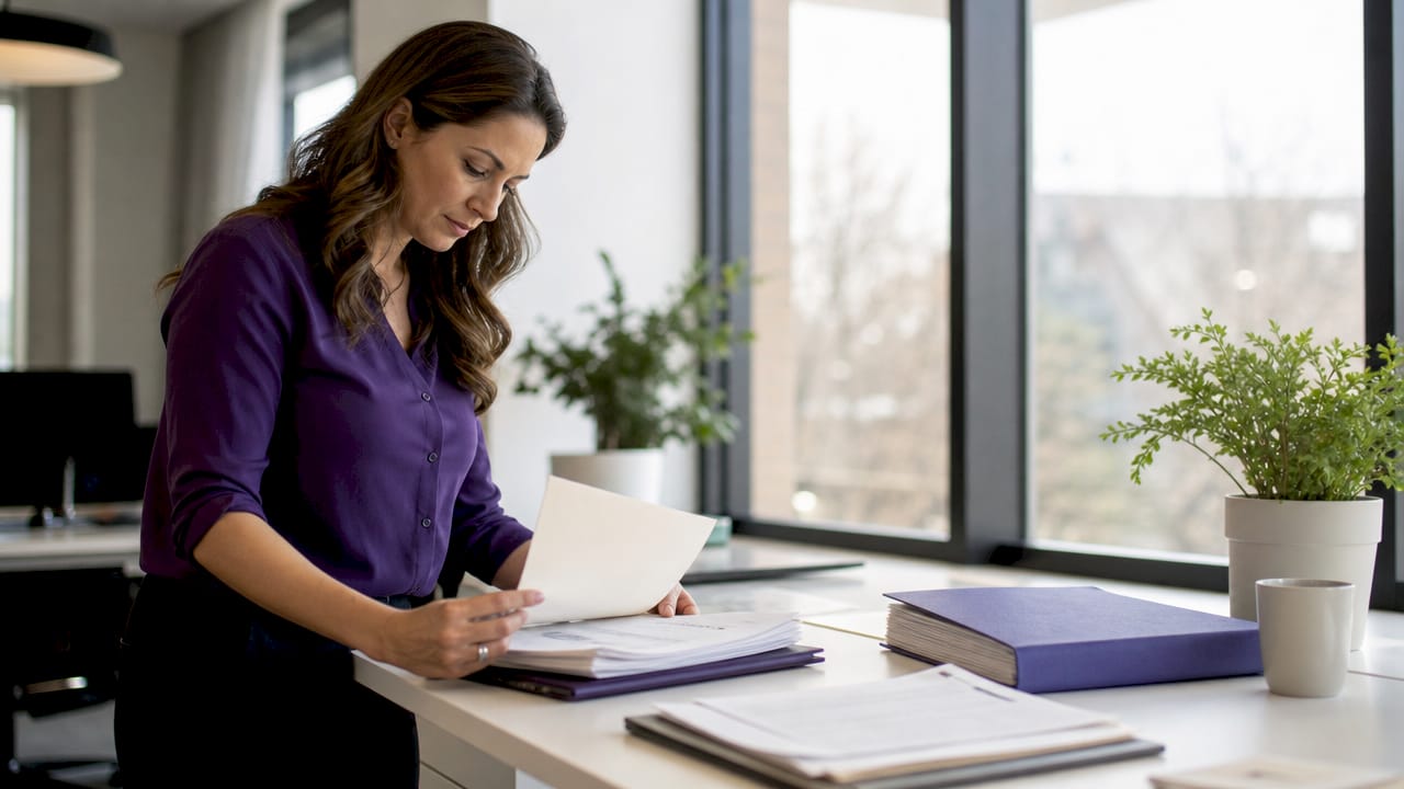 Hands sorting contractor mortgage paperwork in office