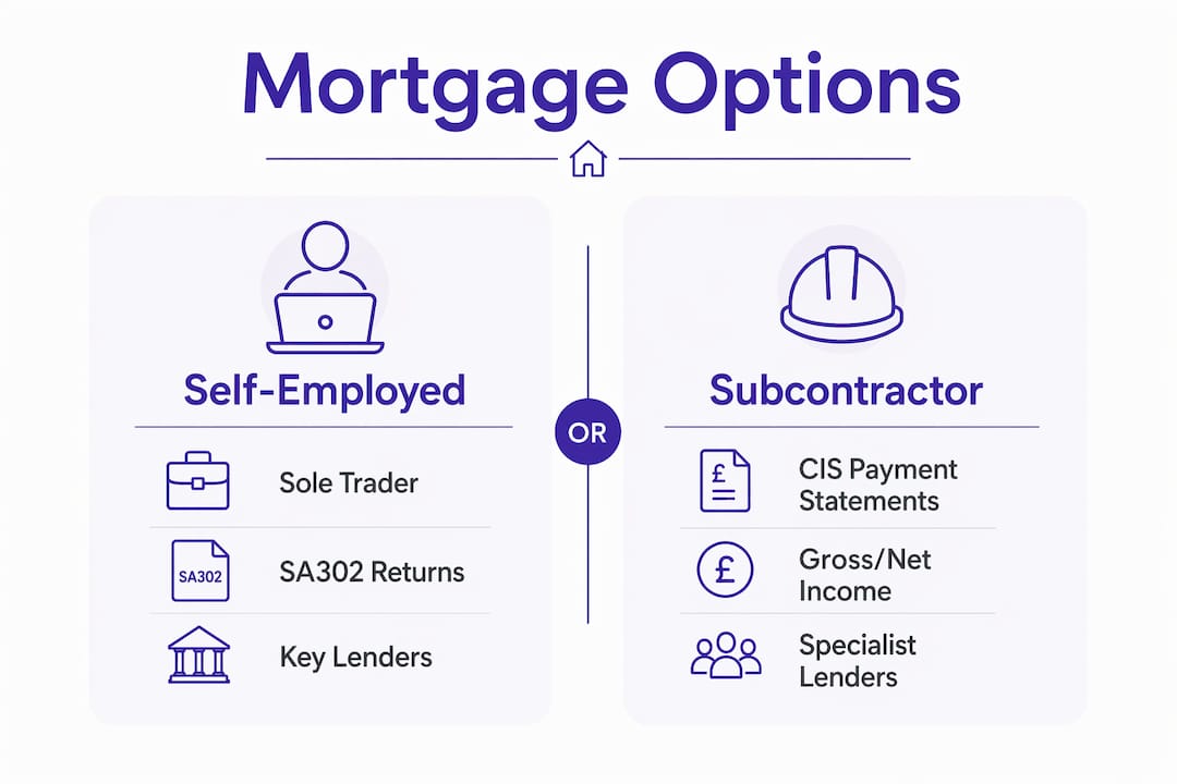Infographic comparing mortgage options for self-employed and subcontractors
