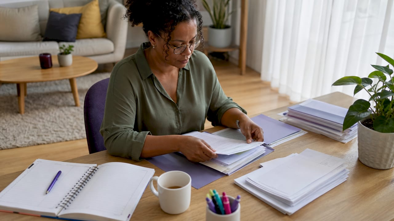 Mortgage advisor sorting financial documents