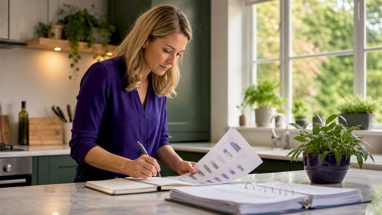 Woman calculating loan affordability in home office