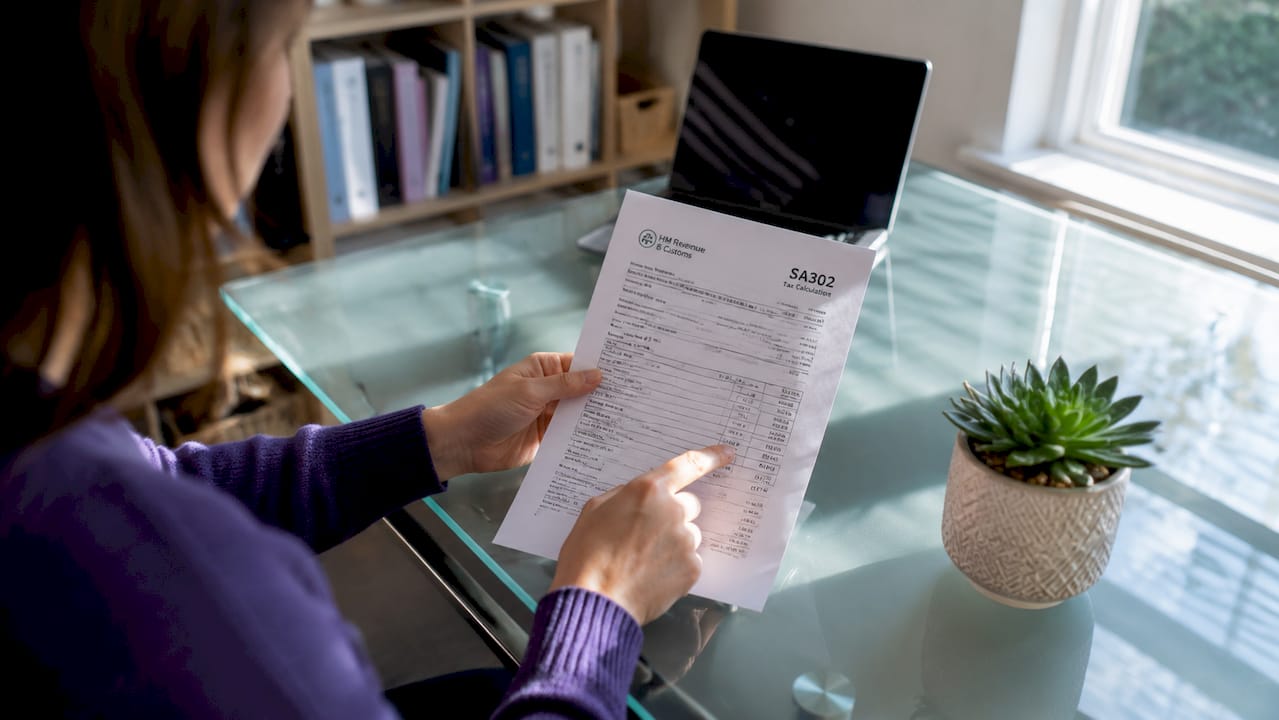 Hands reviewing tax document and calculator