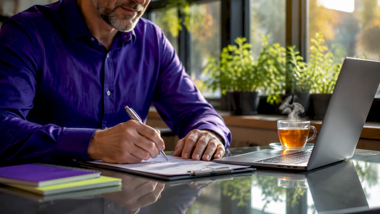 Advisor's hands poised over mortgage contract