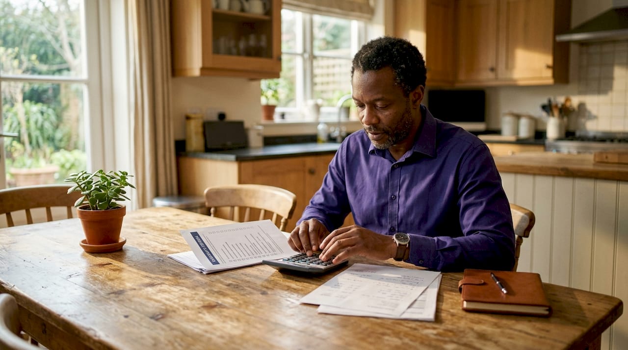 Hands calculating remortgage eligibility paperwork