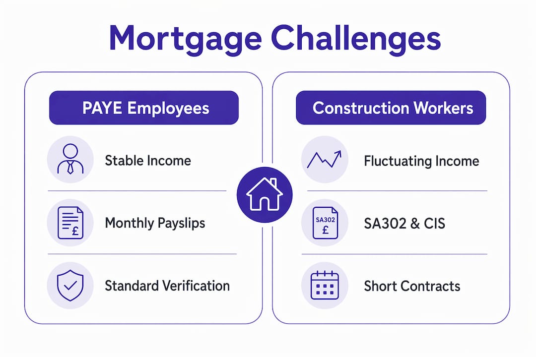 Infographic contrasting mortgage challenges between PAYE employees and construction workers