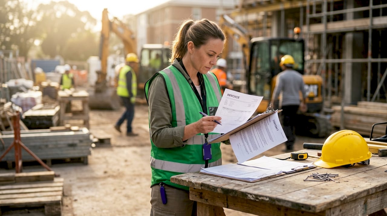 Hands holding construction contract and invoice outdoors