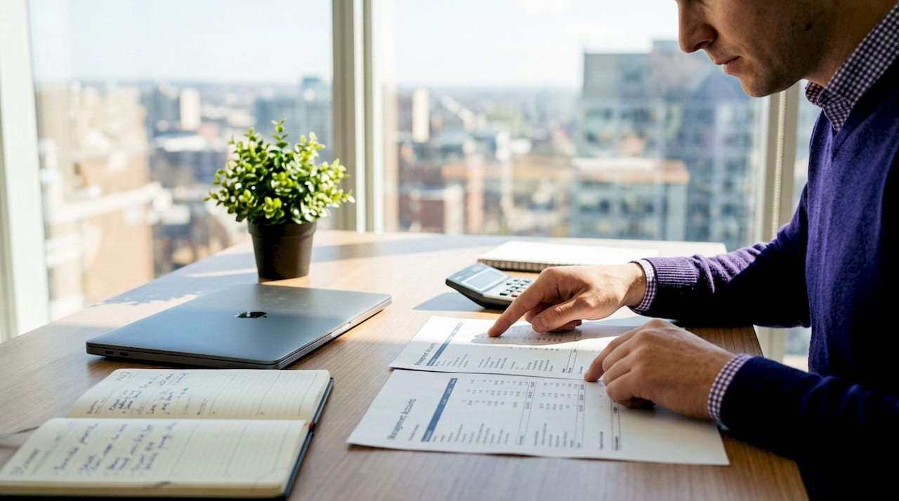 Close-up hands checking financial documents with calculator