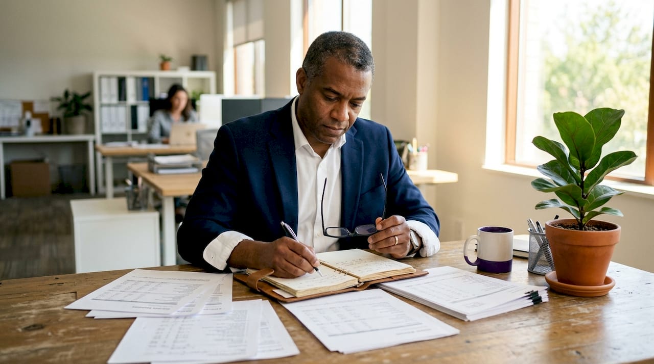 Mortgage underwriter reviewing large loan documents