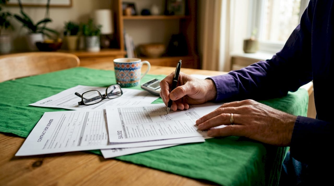 Hands calculating income from contractor mortgage documents