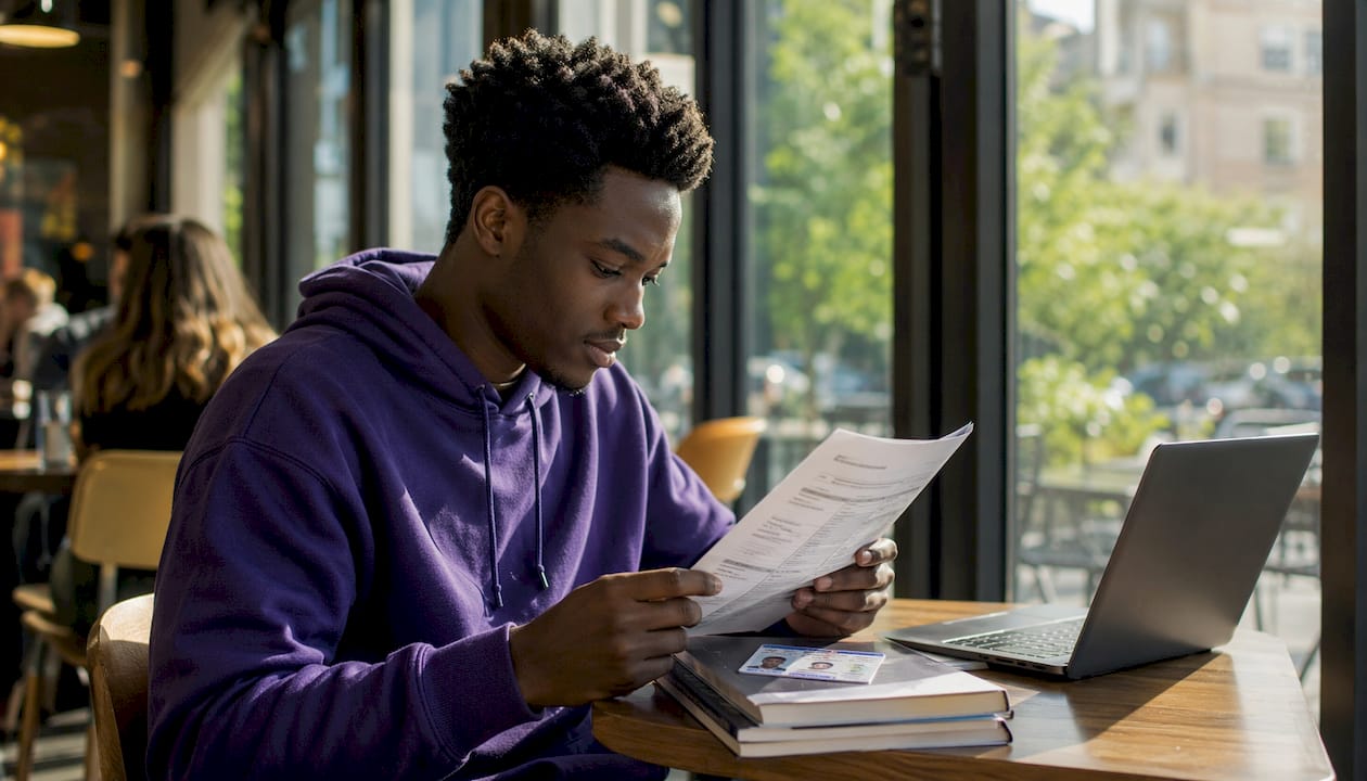 Hands holding mortgage documents near student visa